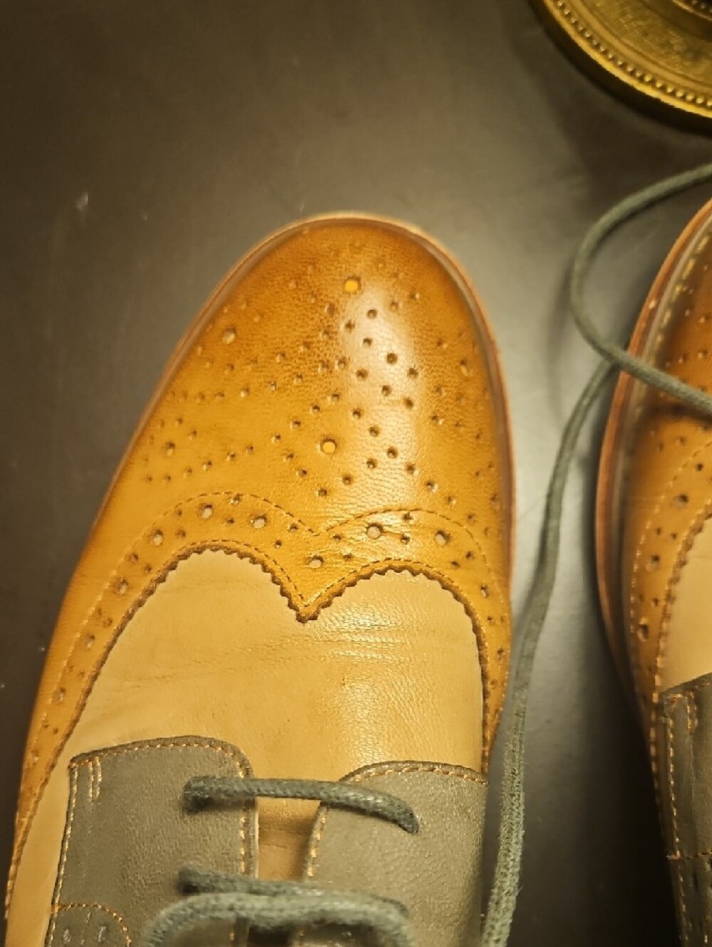 women's Two-Tone Wingtip Oxford Dress Shoes - Tan and Gray - Picture 2 of 8